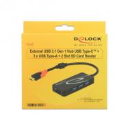 DELOCK Externer USB 3.1 Gen 1 Hub USB Type-C 3 x USB Typ-A + 2 Slot SD Card Reader schwarz (62900)