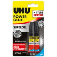 UHU Sekundenkleber POWER GLUE "ultra rapide", 3 g avec solvant, dans un tube, ne coule pas, idéal pour les matériaux poreux, ainsi que la plupart des matériaux: métal, caoutchouc, cuir, bois, verre,.. sous blister contenu: 1 tube + 1 tube GRATUIT (36735)