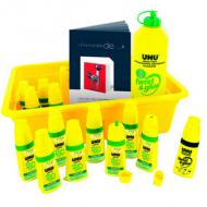 UHU Schulmodul Vielzweckkleber twist & glue contenu: 12 x flacons de colle twist & glue sans solvant 35 ml, 1 x flacon de colle twist & glue 35 ml, 1 x recharge de colle twist & glue sans solvant 810 ml, 1 bac de rangement, 1 guide pas--pas (040402  /  036315)