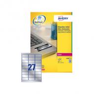 AVERY Etiquette, ultra-résistant, 63,5 x 29,6 mm, argent coloris métal, matire polyester, pour imprimantes laser contenu: 540 étiquettes sur 20 feuilles A4 (L6011-20.FR)