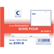 ELVE Manifold "Bons pour", 105 x 140 mm, dupli, autocopiant papier autocopiant, 50 feuilles, une copie par feuille (21015)