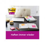 Post-it Haftnotizen super sticky notes, 76 x 76 mm, farbig in praktischer Spenderbox, 90 Blatt / Block starke Haftung, rückstandsfrei ablösbar, sortiert in den Farben: blau, gelb, pink, grün, orange beinhaltet: 16 Blöcke (654-16SS-COL  /  7100236591  /  BP1166)