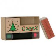 HEYDA Motivstempel-Set "Weihnachten", aus Holz, 3-teilig inkl. Stempelkissen in rot und grün, je 1 x Motiv Merry Christmas, Weihnachtsbaum und Stechpalme (204888481)